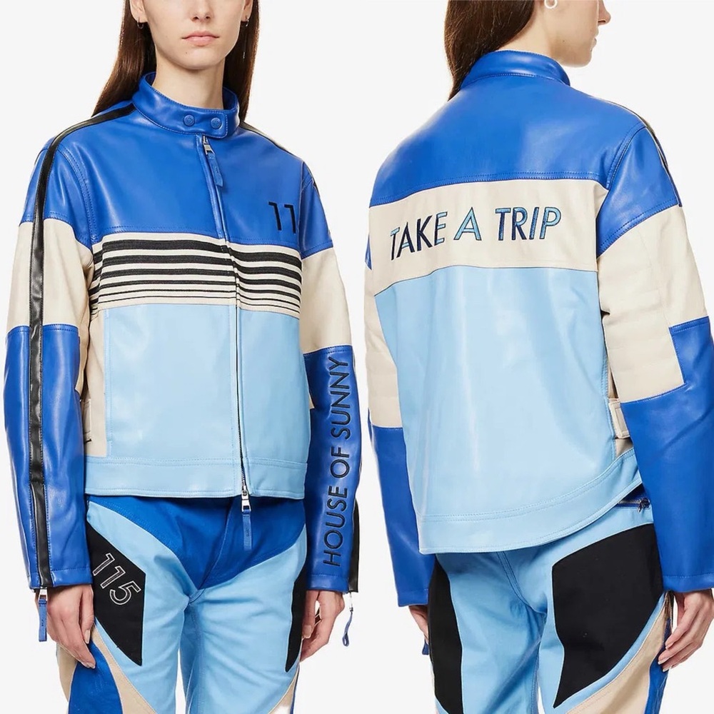 RARE House of Sunny The Racer Blue Take a Trip Faux Leather Jacket XS BNWT